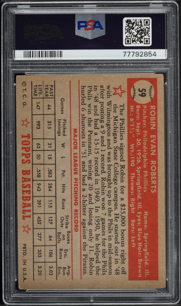 1952 Topps Robin Roberts #59 PSA 2 GD