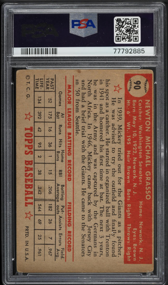 1952 Topps Mickey Grasso #90 PSA 2 GD