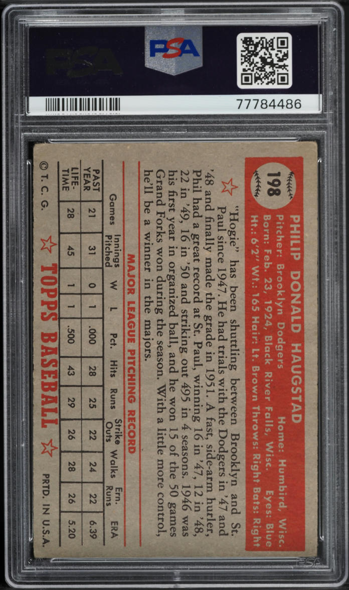 1952 Topps Phil Haugstad #198 PSA 3 VG