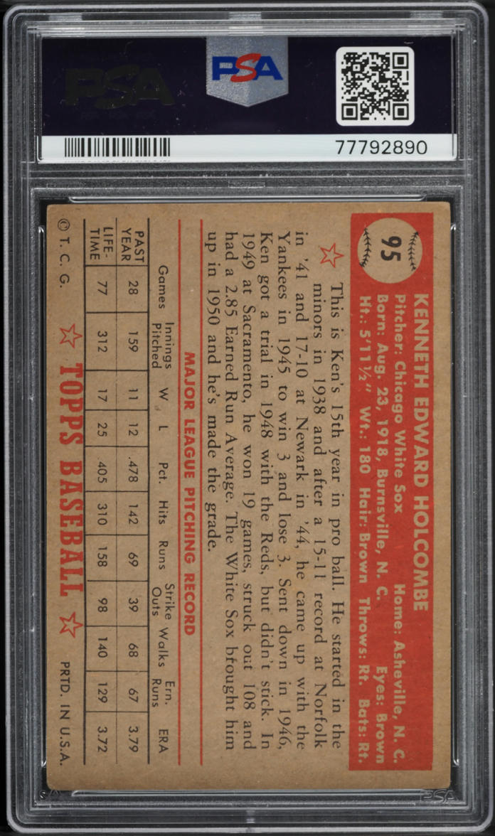 1952 Topps Ken Holcombe #95 PSA 3 VG