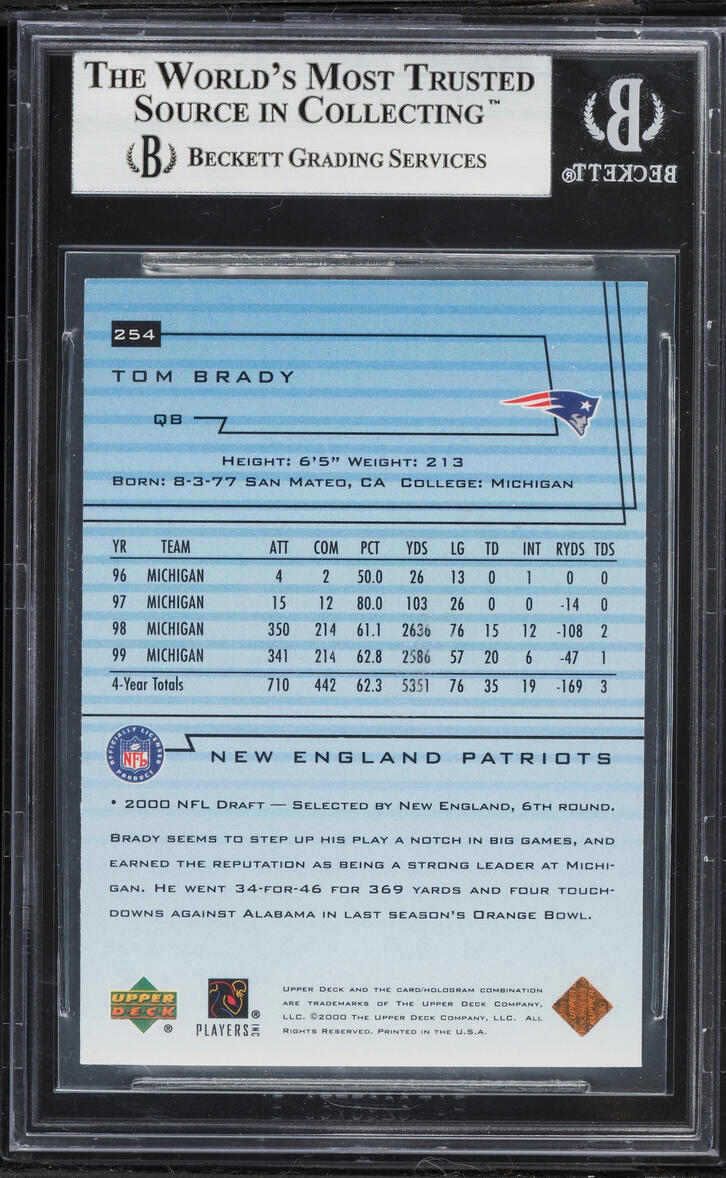 2000 Upper Deck Football Tom Brady ROOKIE #254 BGS 8.5 NM-MT+