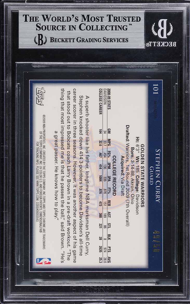 2009 Topps Chrome Gold Refractor Stephen Curry ROOKE /50 #101 BGS 9 MINT