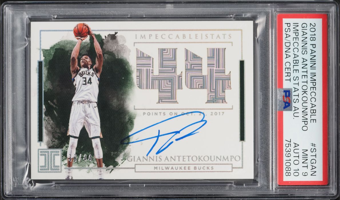 2018 Panini Impeccable Stats Giannis Antetokounmpo AUTO DNA 10 /44 #ST-GAN PSA 9 MINT