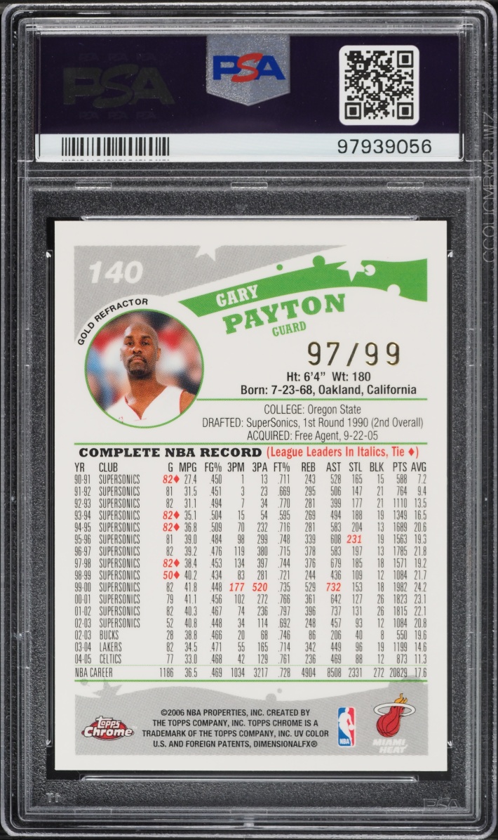 2005 Topps Chrome Gold Refractor Gary Payton /99 #140 PSA 10 GEM MINT