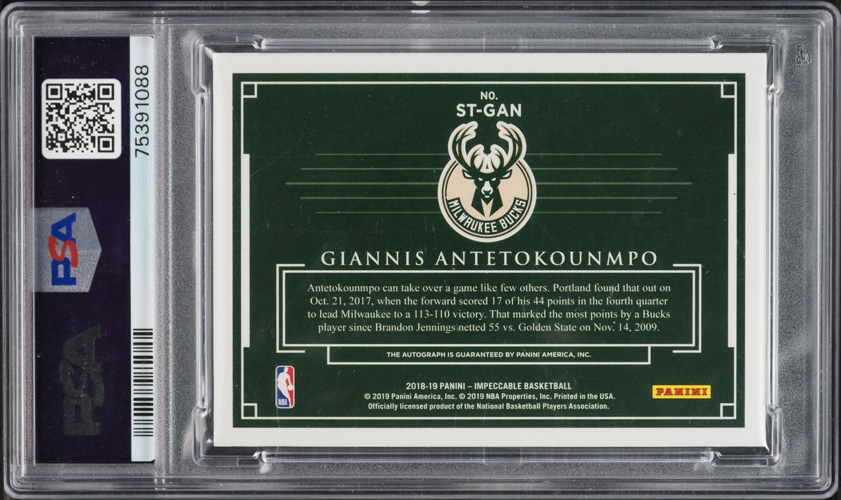 2018 Panini Impeccable Stats Giannis Antetokounmpo AUTO DNA 10 /44 #ST-GAN PSA 9 MINT
