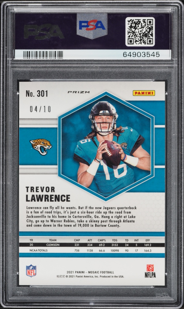 2021 Panini Mosaic Green Fluorescent Prizm Trevor Lawrence ROOKIE /10 #301 PSA 10 GEM MINT