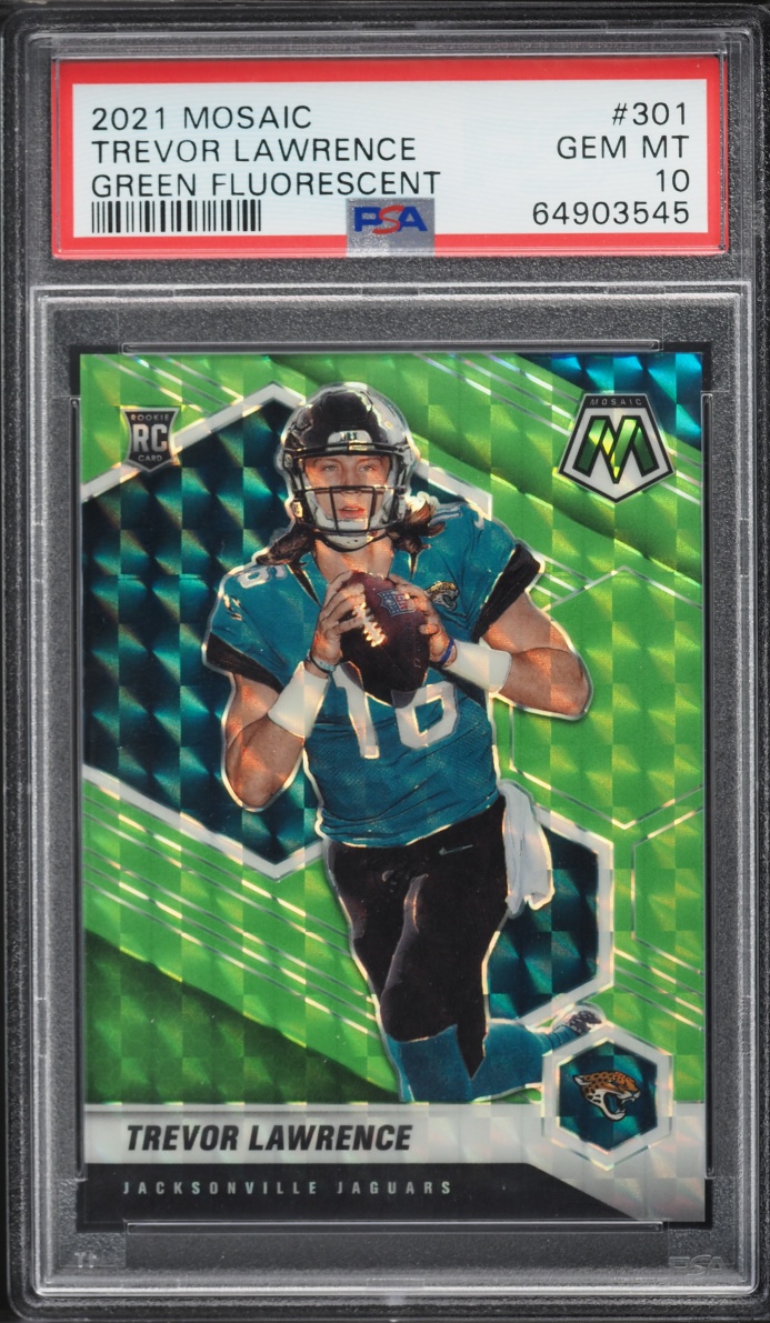 2021 Panini Mosaic Green Fluorescent Prizm Trevor Lawrence ROOKIE /10 #301 PSA 10 GEM MINT