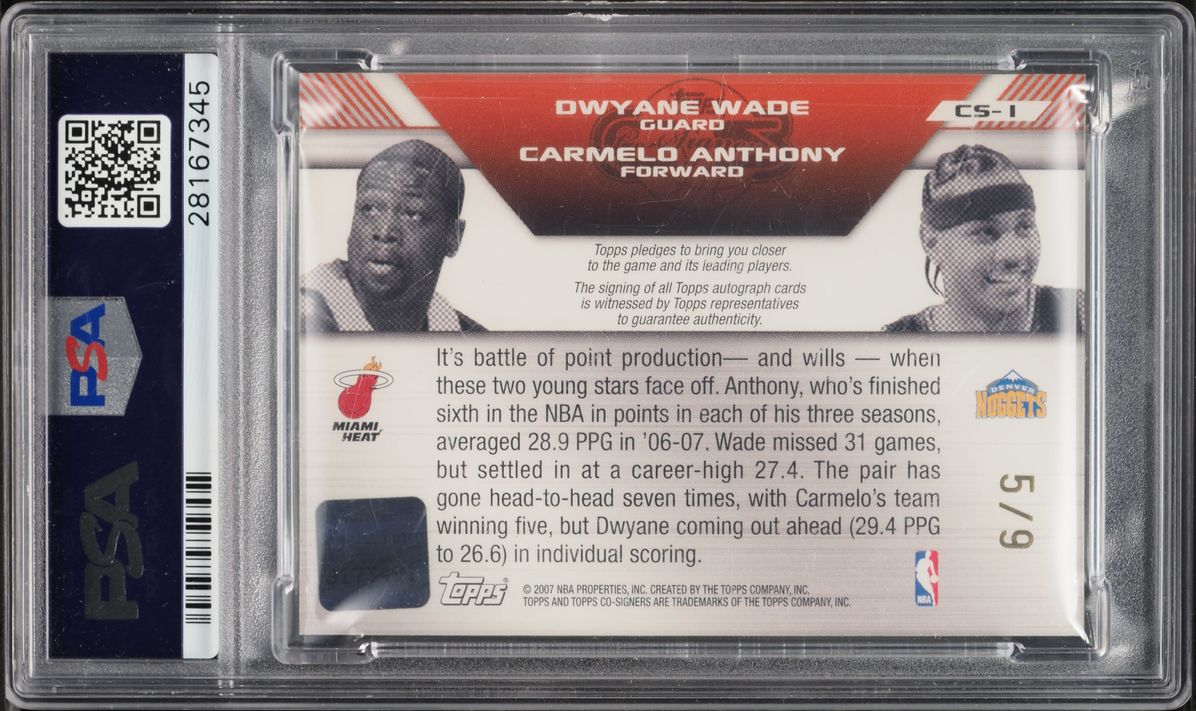 2007 Topps Co-Signers Dual Gold Dwyane Wade Carmelo Anthony AUTO /9 #CS-1 PSA 10 GEM MINT
