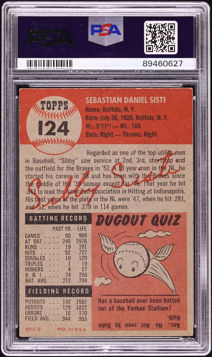 1953 Topps Sibby Sisti #124 PSA 4 VGEX