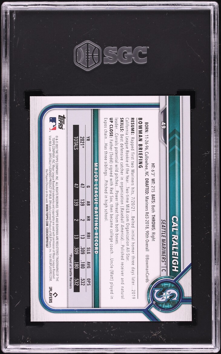 2022 Bowman Cal Raleigh ROOKIE #49 SGC 9.5 MINT+