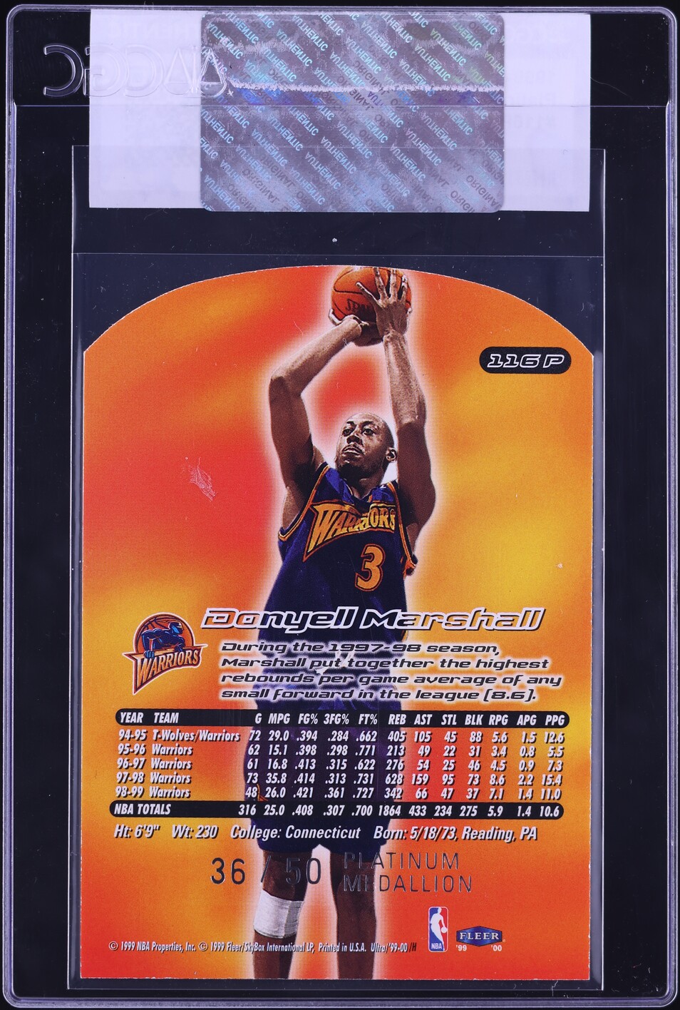 1999 Ultra Platinum Medallion Donyell Marshall /50 #116P CGC AUTH