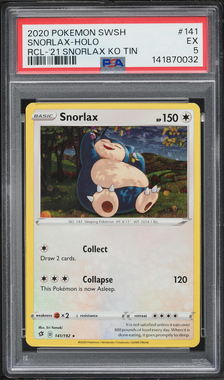 2020 Pokemon Sword & Shield Rebel Clash Ko Tin Holo Snorlax #141 PSA 5 EX
