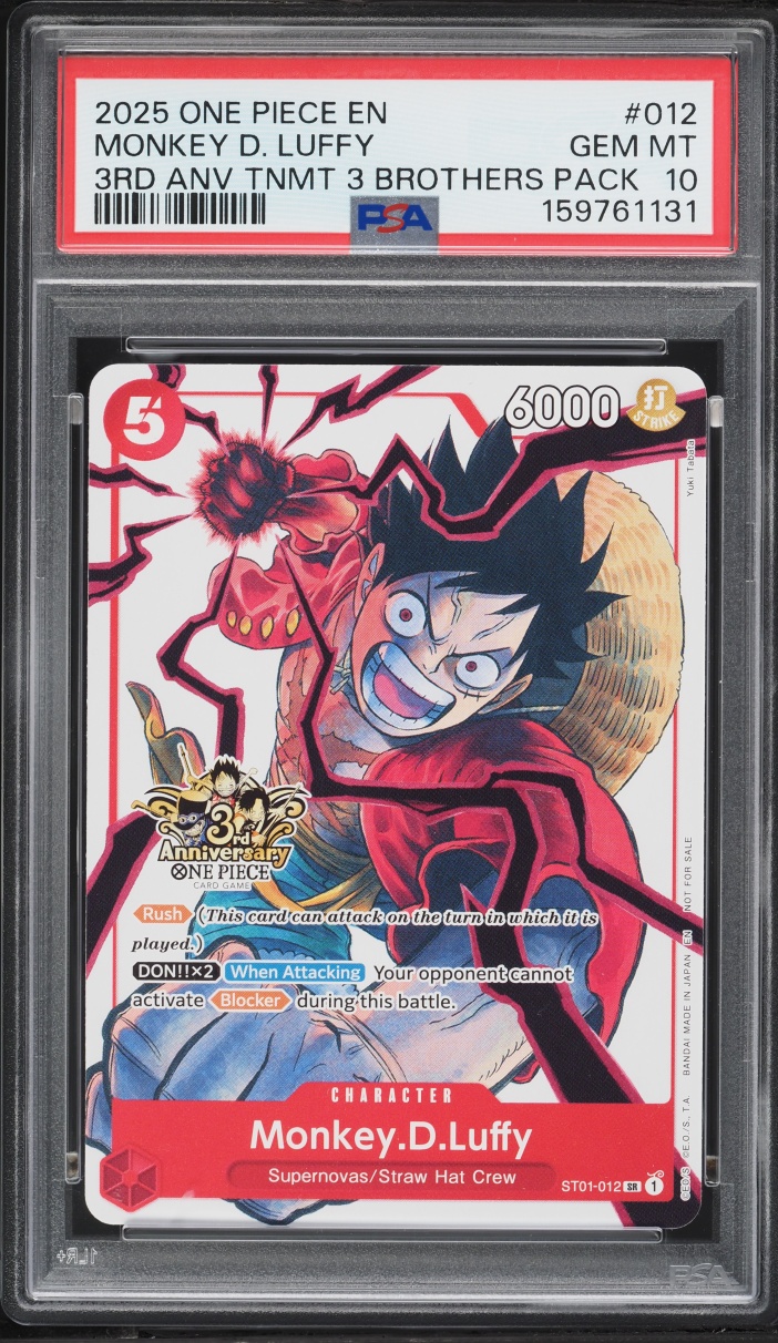 2025 One Piece Promo 3rd Anniversary Tournament 3 Brothers Monkey D. Luffy #ST01-012 PSA 10 GEM