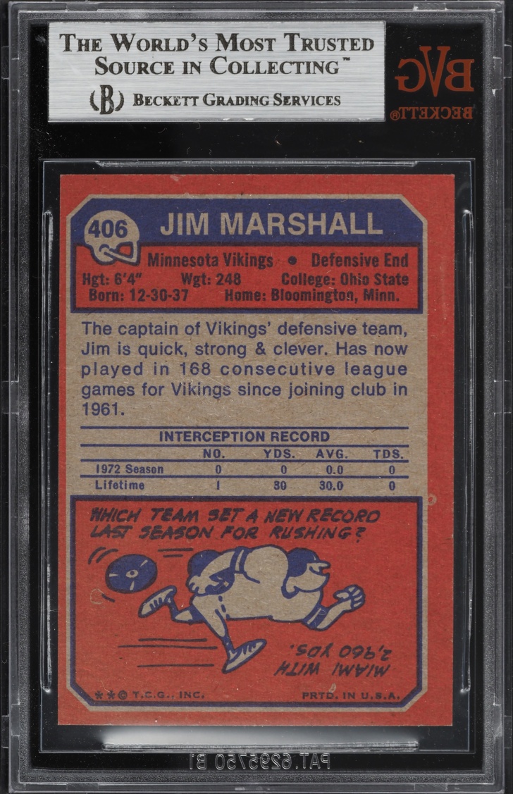 1973 Topps Football Jim Marshall #406 BVG 8.5 NM-MT+