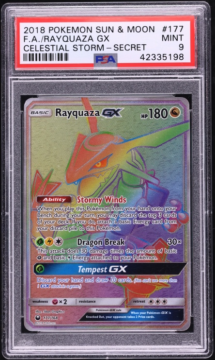 2018 Pokemon Sun & Moon Celestial Storm Rainbow Rare Rayquaza GX #177 PSA 9 MINT