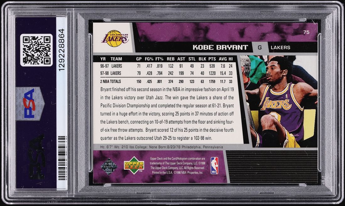1998 Upper Deck Basketball Kobe Bryant #75 PSA 8 NM-MT