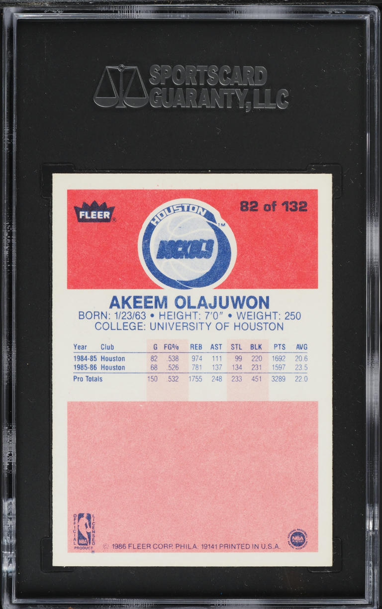 1986 Fleer Basketball Hakeem Olajuwon ROOKIE #82 SGC 7.5 NRMT+
