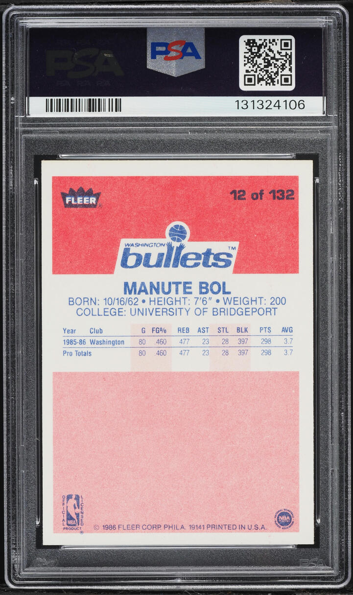 1986 Fleer Basketball Manute Bol ROOKIE #12 PSA 8 NM-MT