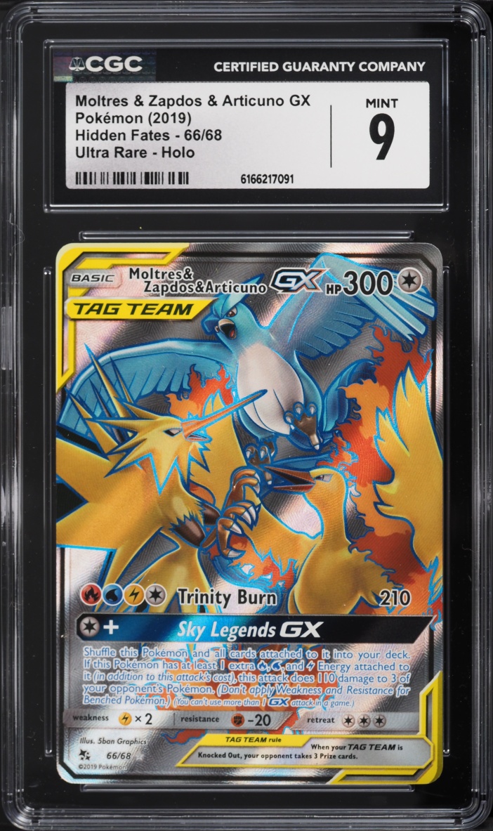 2019 Pokemon Sun & Moon Hidden Fates Full Art Moltres & Zapdos & Articuno GX #66 CGC 9 MINT