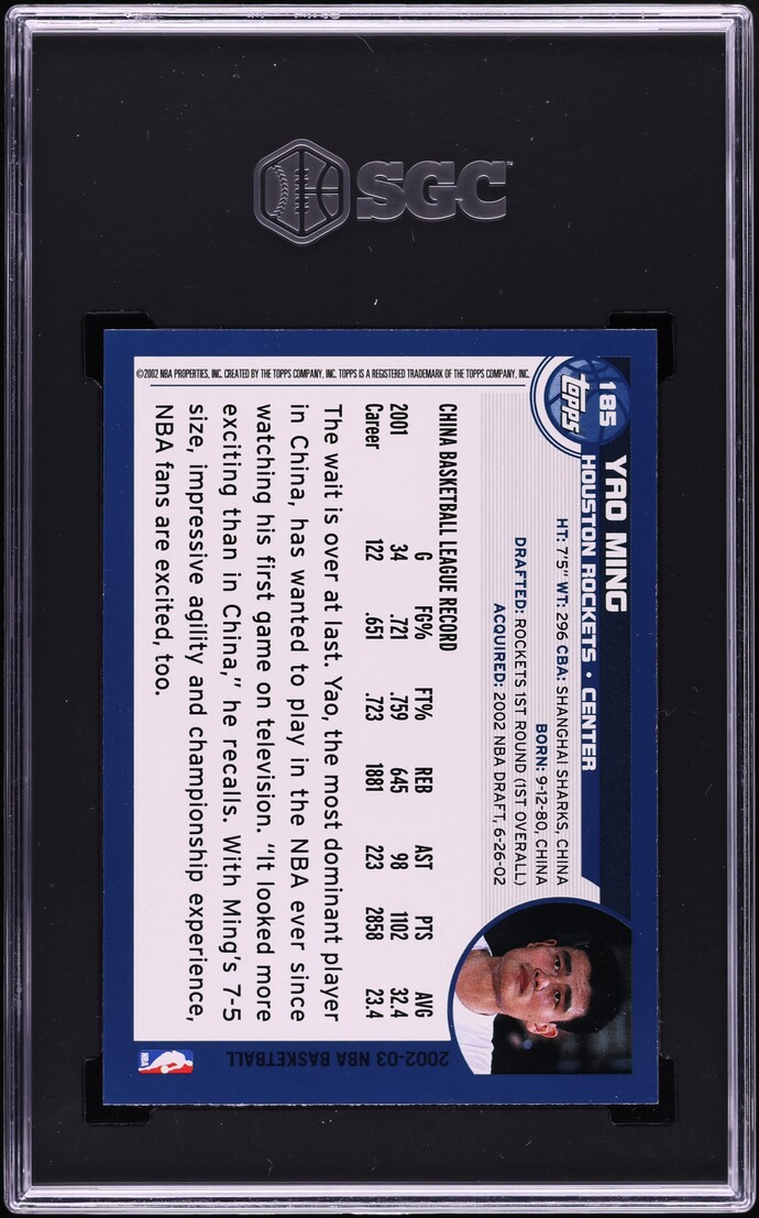 2002 Topps Basketball Yao Ming ROOKIE #185 SGC 9.5 MINT+