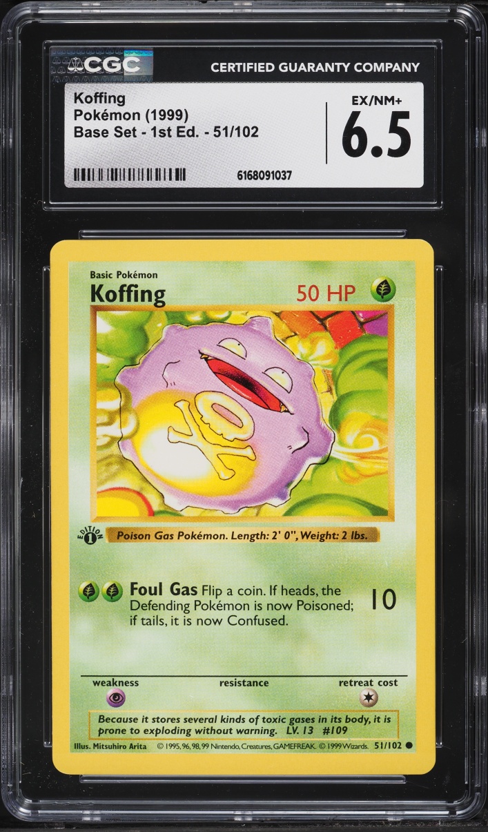 1999 Pokemon Base Set Shadowless 1st Edition Koffing #51 CGC 6.5 EXMT+