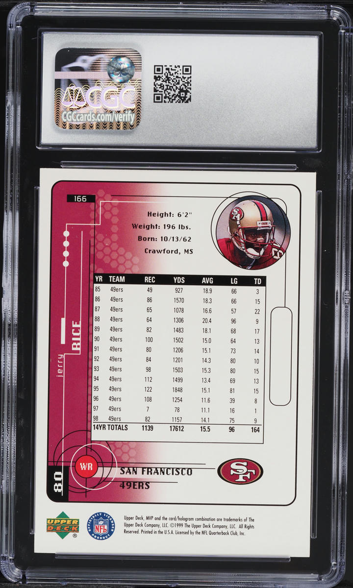 1999 Upper Deck MVP Football Jerry Rice #166 CGC 10 GEM MINT