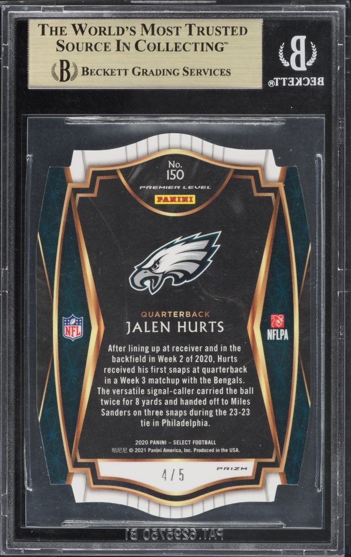 2020 Select Premier Level Prizm Green Die Cut Jalen Hurts ROOKIE /5 #150 BGS 9.5 GEM MINT