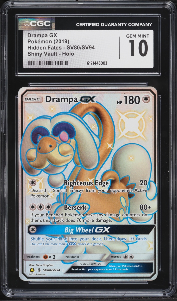 2019 Pokemon Sun & Moon Hidden Fates Shiny Vault Full Art Drampa GX #SV80 CGC 10 GEM MINT