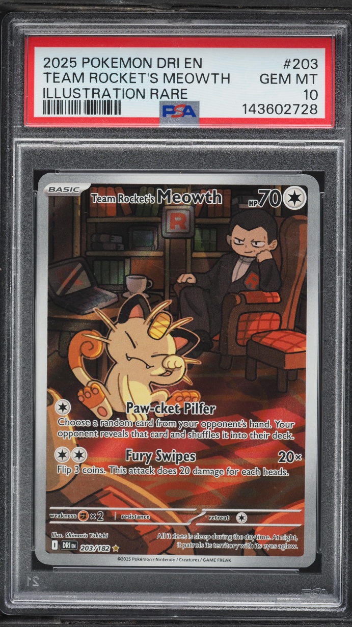 2025 Pokemon Scarlet & Violet Destined Rivals IR Team Rocket's Meowth #203 PSA 10 GEM MINT