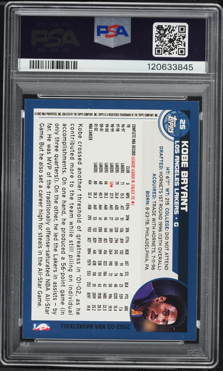 2002 Topps Basketball Kobe Bryant #25 PSA 8 NM-MT