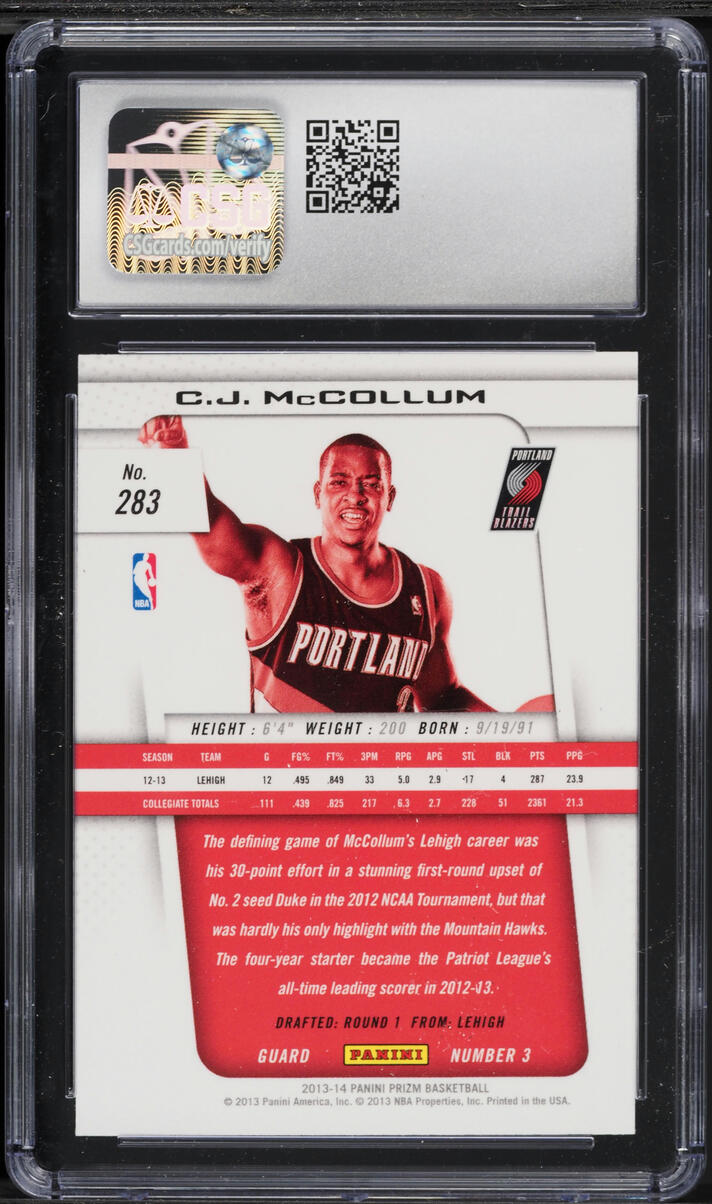 2013 Panini Prizm C.J. McCollum ROOKIE #283 CSG 10 GEM MINT