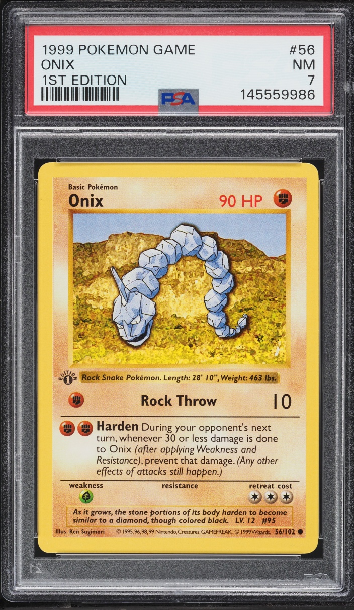 1999 Pokemon Base Set Shadowless 1st Edition Onix #56 PSA 7 NRMT