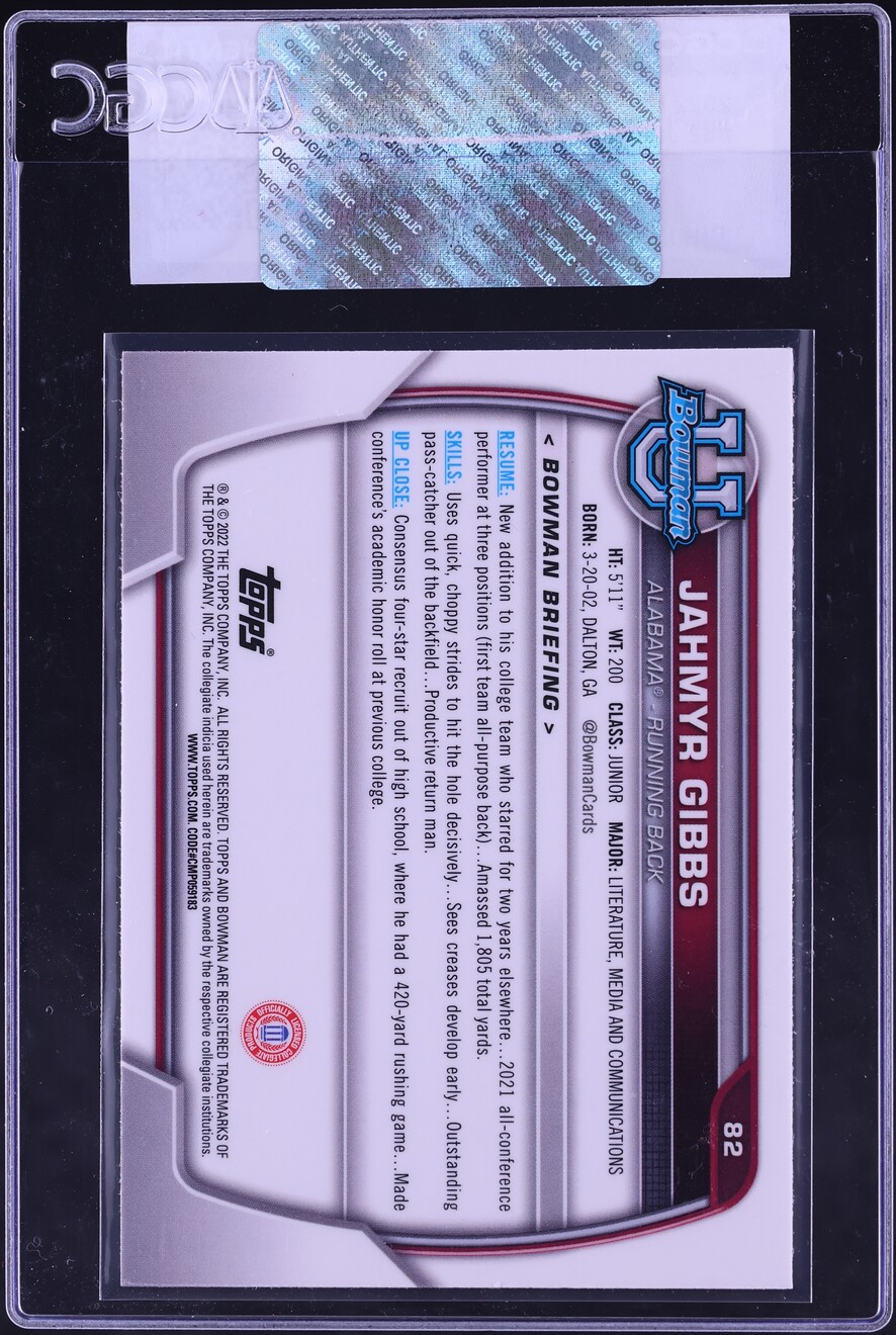 2022 Bowman Chrome University Jahmyr Gibbs ROOKIE #82 CGC AUTH