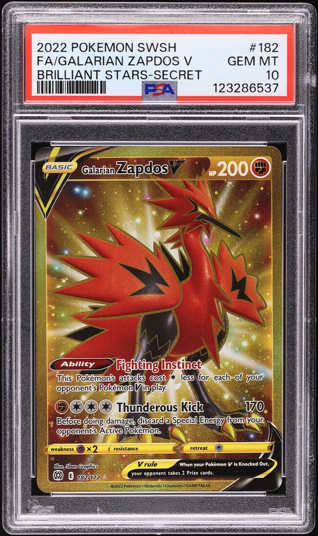 2022 Pokemon Sword & Shield Brilliant Stars Gold Rare Galarian Zapdos V #182 PSA 10 GEM MINT