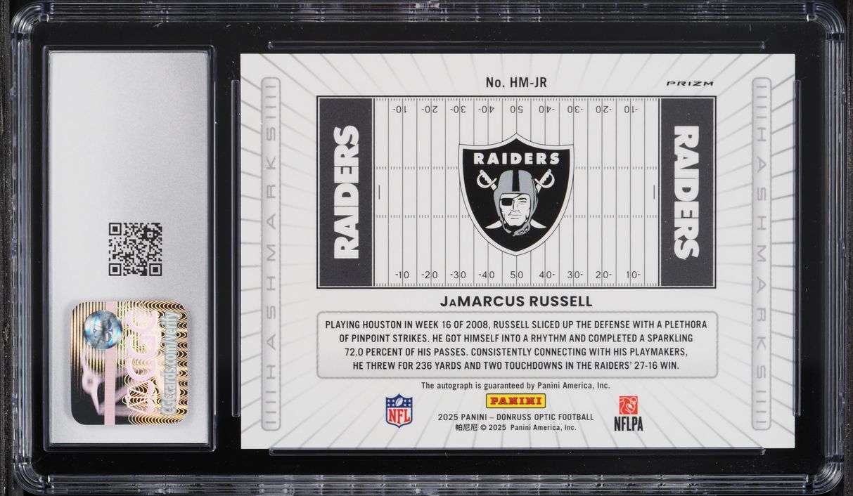 2025 Donruss Optic Hash Marks Prizm JaMarcus Russell AUTO #HM-JR CGC 10 GEM MINT