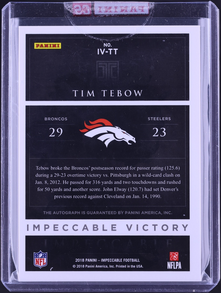 2018 Panini Impeccable Victory Tim Tebow AUTO /10 #IV-TT - Photo 2