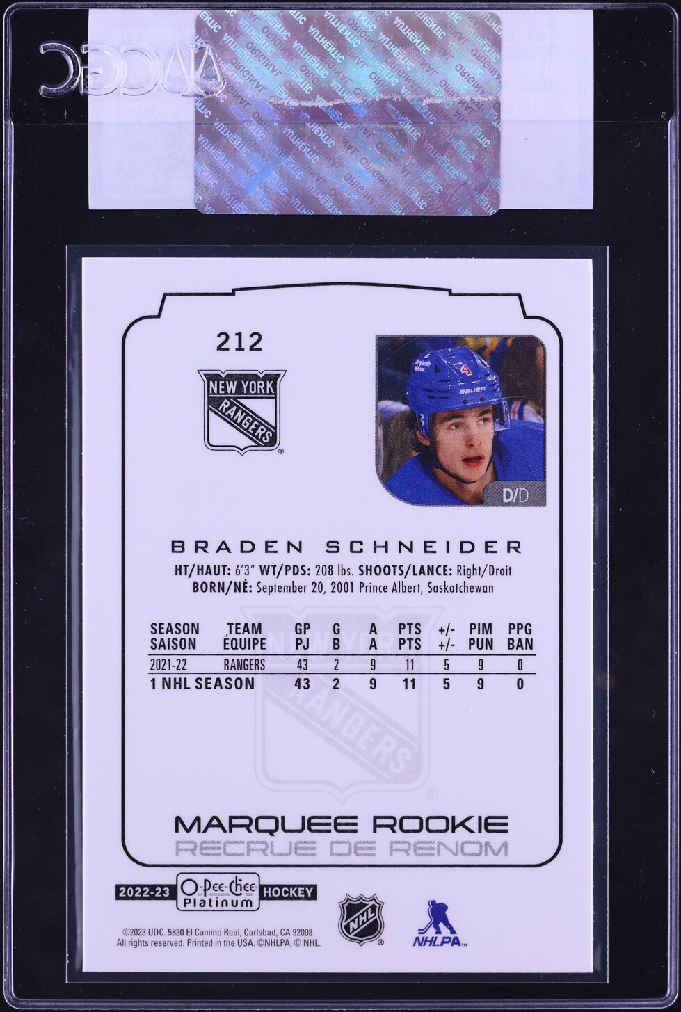 2022 O-Pee-Chee Platinum Braden Schneider ROOKIE #212 CGC AUTH