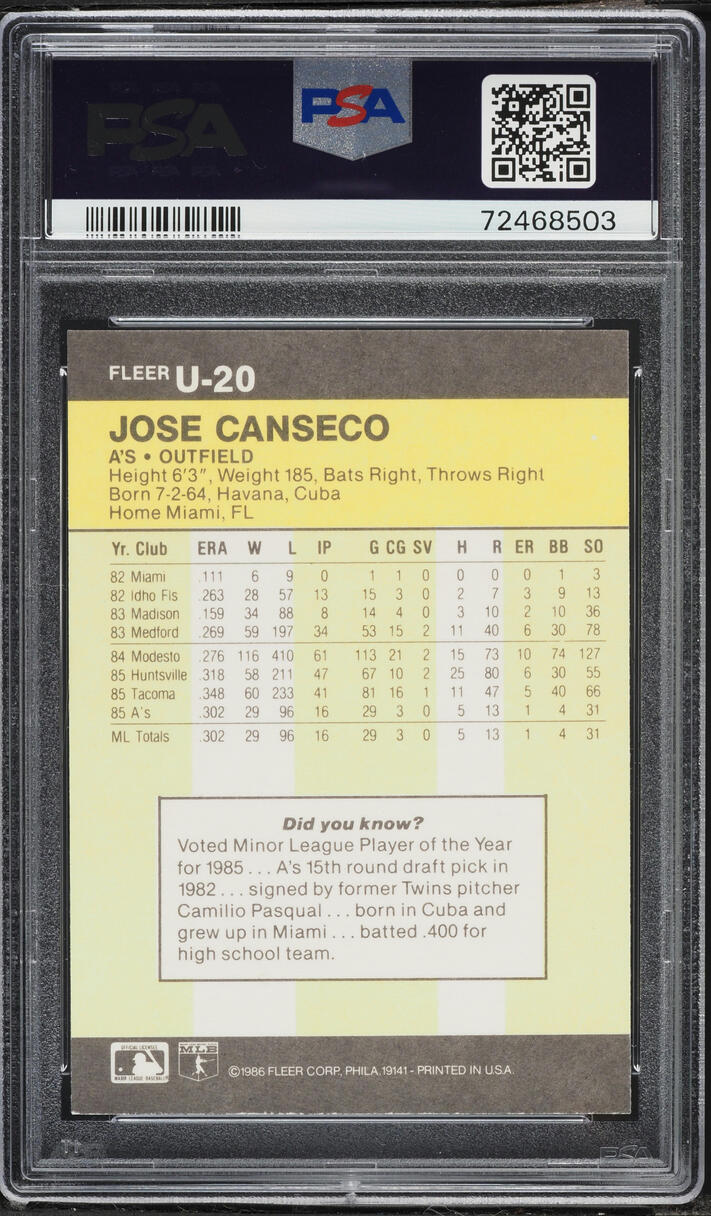 1986 Fleer Update Jose Canseco ROOKIE #U-20 PSA 8 NM-MT