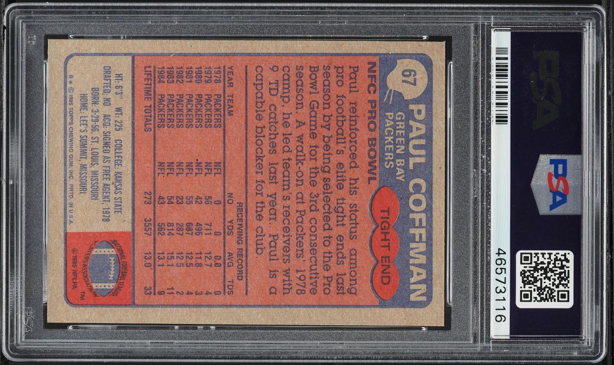 1985 Topps Football Paul Coffman #67 PSA 8 NM-MT