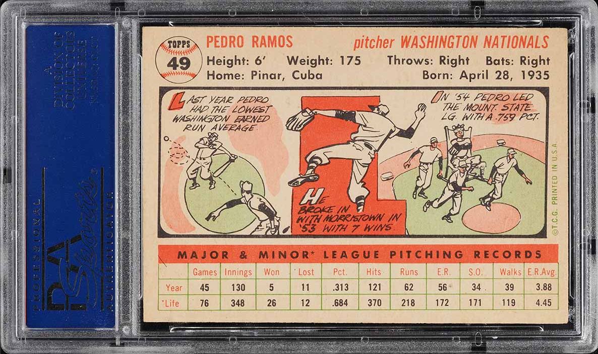 1956 Topps Pedro Ramos WHITE BACK #49 PSA 6 EXMT
