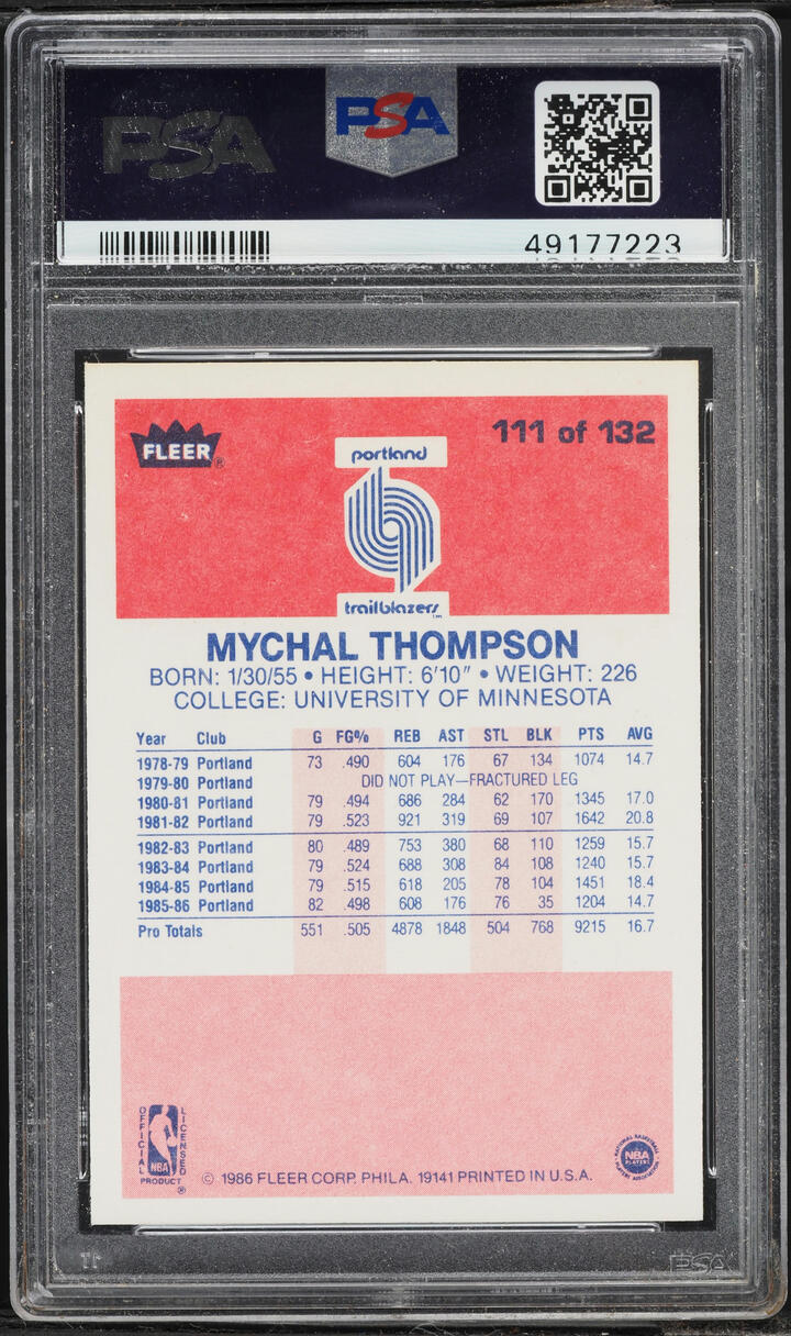 1986 Fleer Basketball Mychal Thompson #111 PSA 9 MINT