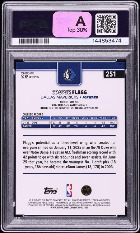 2025 Topps Chrome 1st Day Issue Cooper Flagg ROOKIE /12 #251 PSA 10 GEM MINT