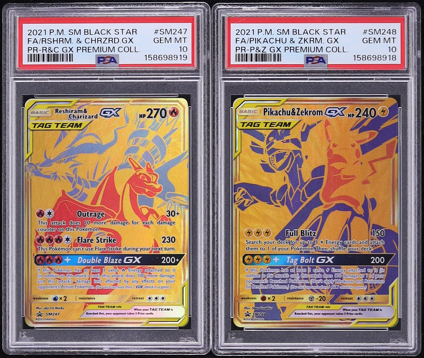 Lot(2) 2021 Pokemon SM Promo Full Art Reshiram & Charizard GX Pikachu & Zekrom GX PSA 10 ALL