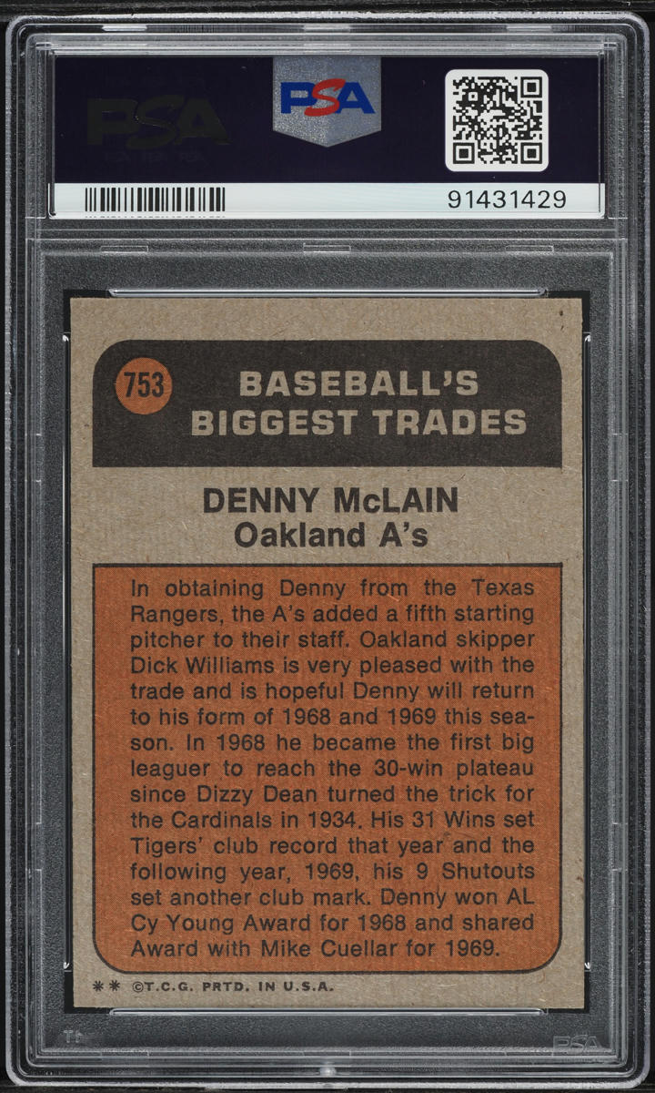 1972 Topps Denny McLain TRADED #753 PSA 6.5 EXMT+