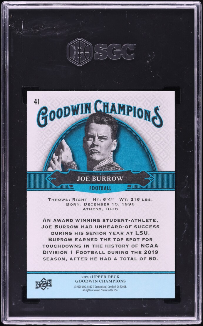 2020 Upper Deck Goodwin Champions Turquoise Joe Burrow ROOKIE #41 SGC 10 GEM
