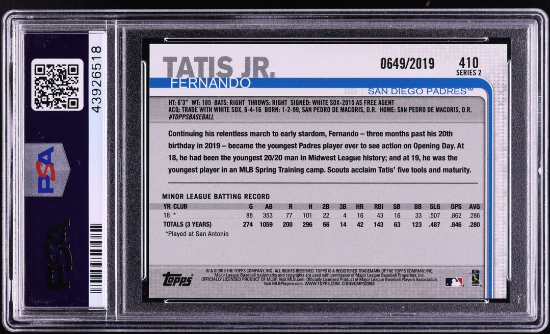 2019 Topps Gold Fernando Tatis Jr. ROOKIE /2019 #410 PSA 10 GEM MINT