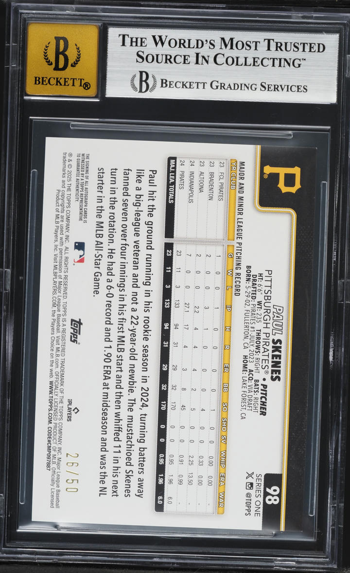 2025 Topps Flagship Real One Gold Foil Paul Skenes AUTO /50 #98 BGS 9 MINT