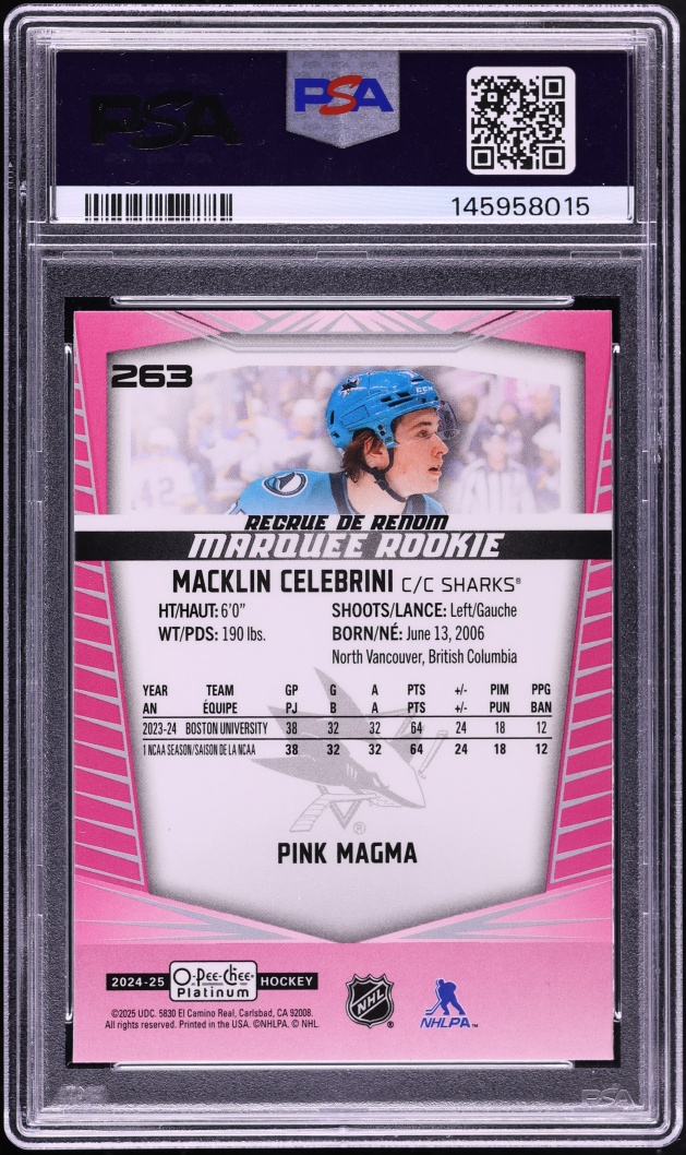 2024 Upper Deck O-Pee-Chee Platinum Pink Magma Macklin Celebrini ROOKIE #263 PSA 10 GEM MINT - Photo 2
