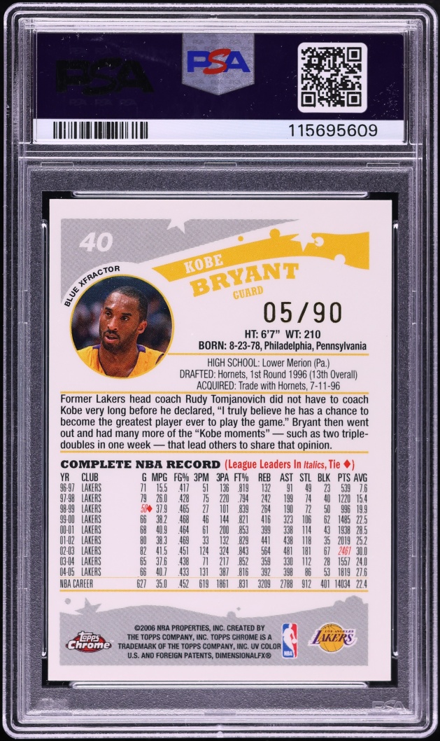 2005 Topps Chrome Blue Xfractor Kobe Bryant /90 #40 PSA 9 MINT - Photo 2