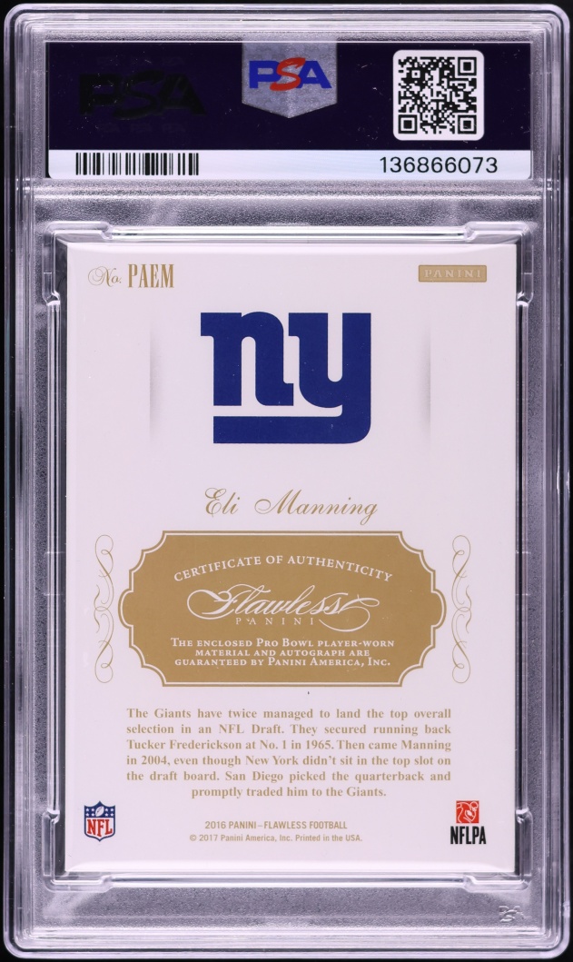 2016 Panini Flawless Emerald Eli Manning PATCH AUTO 1/2 #PAEM PSA 10 GEM MINT - Photo 2